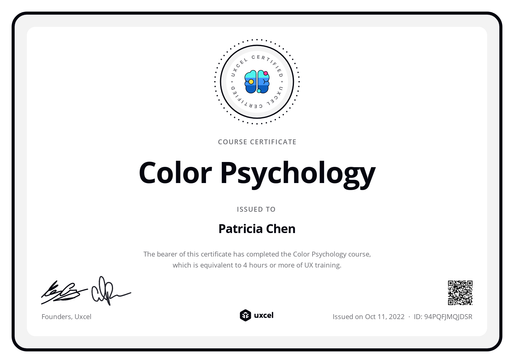 Patricia Chen's certificate